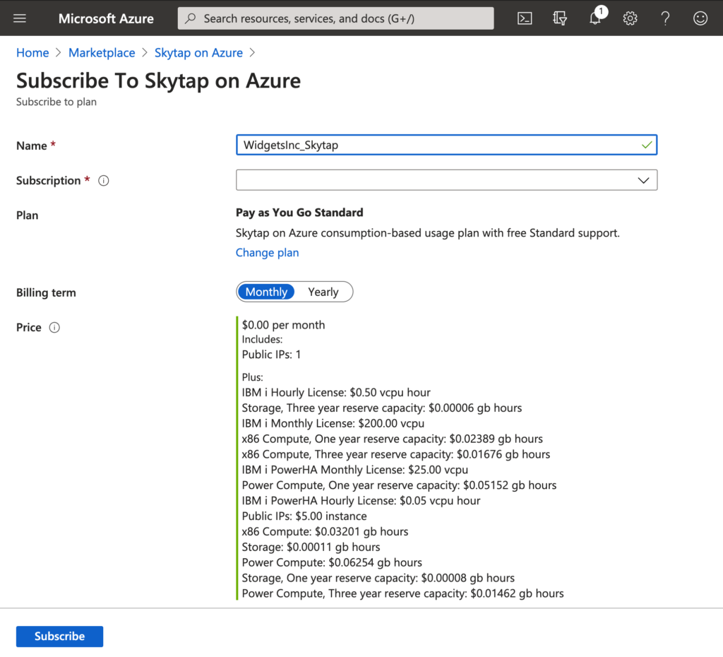 Skytap on Azure Subscription page